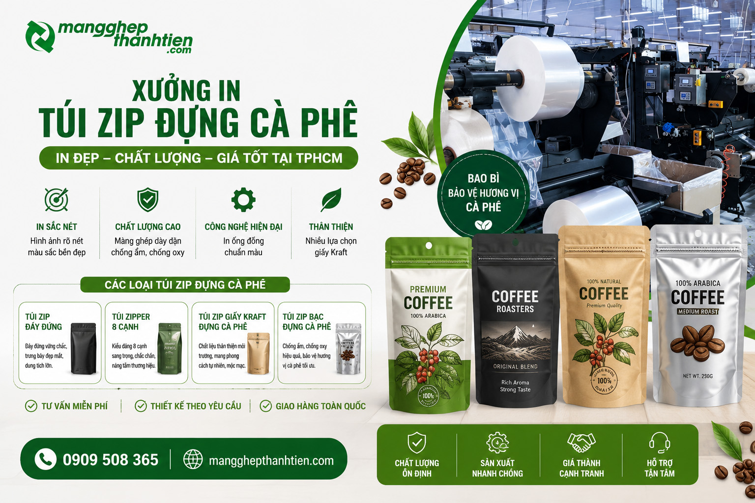 Xưởng sản xuất túi zip đựng cà phê giá sỉ trực tiếp tại Màng Ghép Thành Tiến