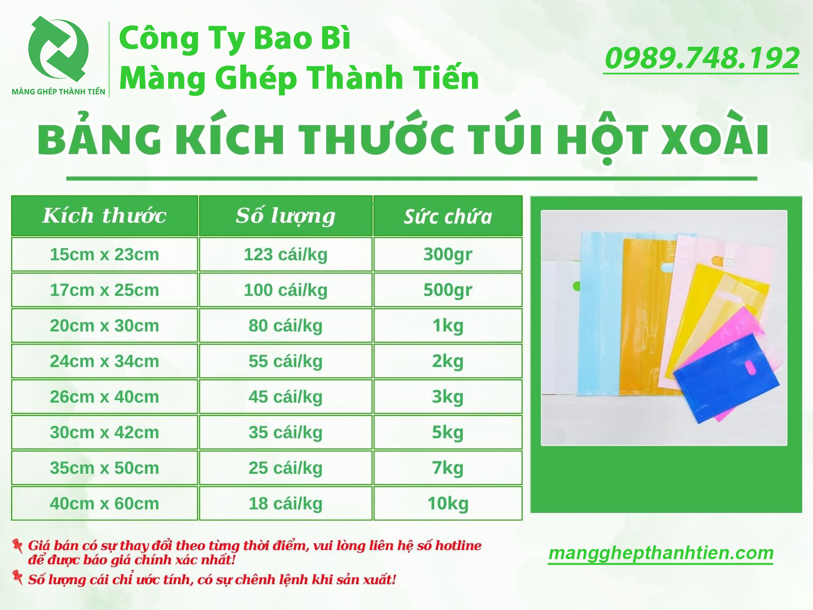 Bảng k&iacute;ch thước t&uacute;i hột xo&agrave;i theo c&aacute;c size th&ocirc;ng dụng