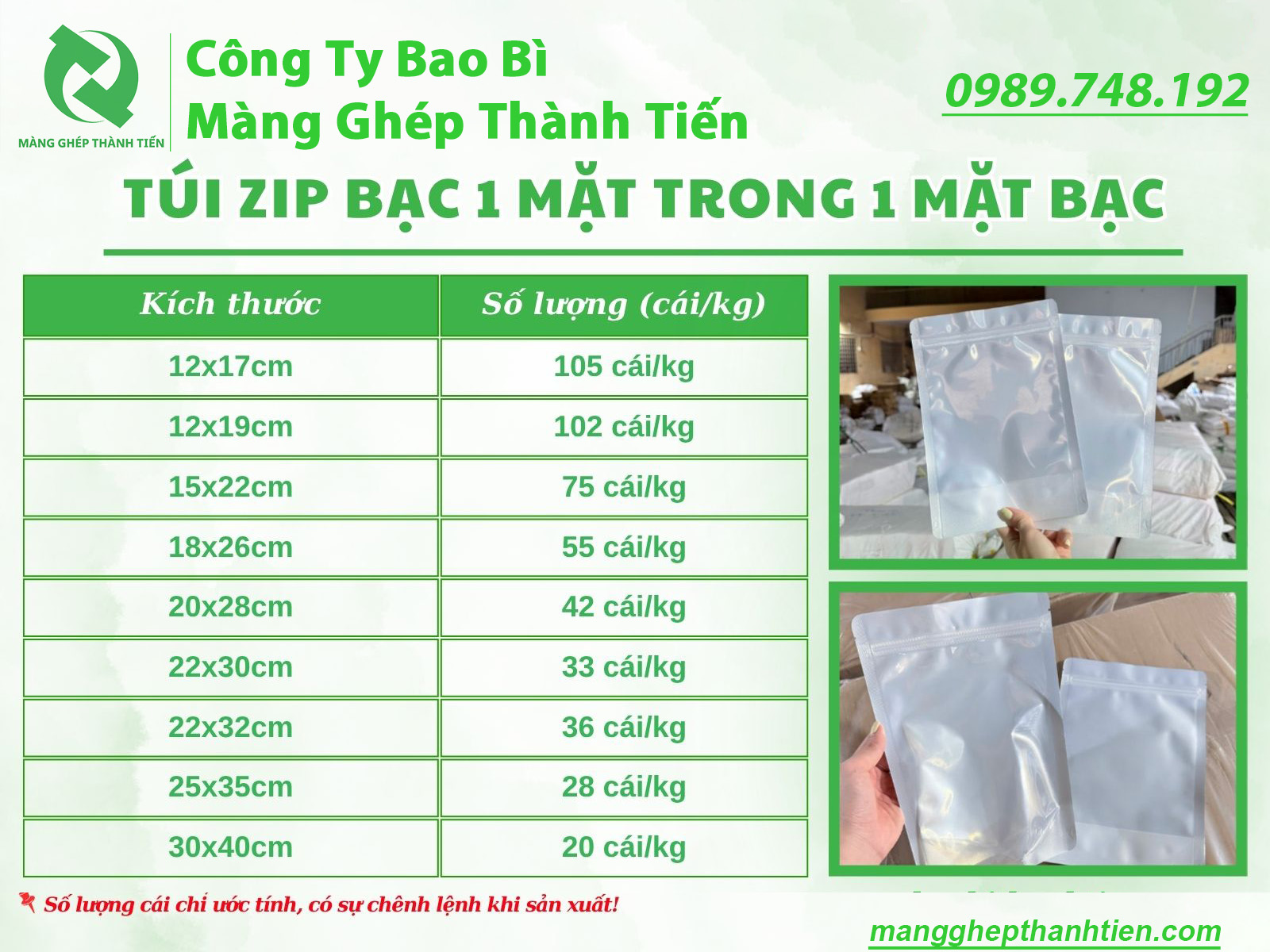 Bảng kích thước túi zip bạc một mặt trong một mặt bạc tham khảo