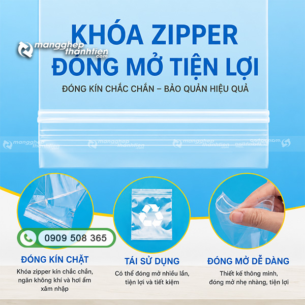 Cấu tạo túi zipper chỉ trắng làm từ nhựa PE nguyên sinh
