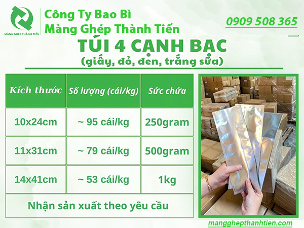 Bảng k&iacute;ch thước t&uacute;i 4 cạnh bạc&nbsp;&nbsp;