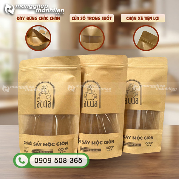 T&uacute;i zip giấy kraft cửa sổ tr&agrave;n đựng chuối sấy