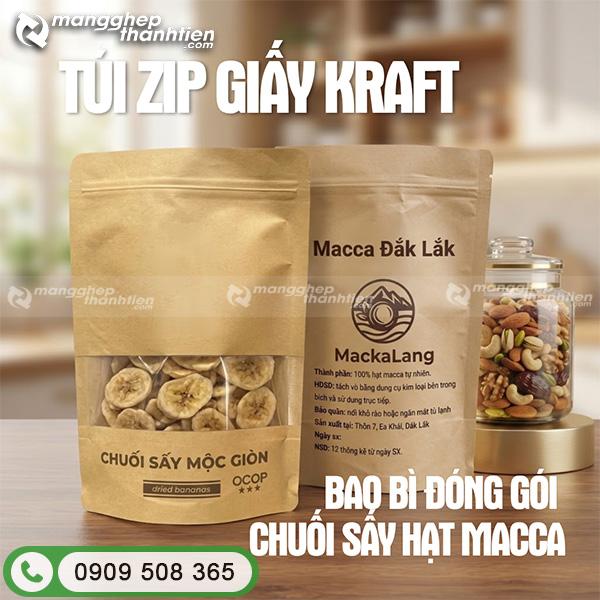 T&uacute;i zip giấy kraft đựng chuối sấy v&agrave; hạt macca