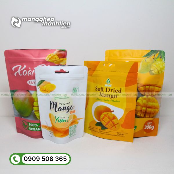 Mẫu bao bì trái cây sấy đẹp, thiết kế màu sắc tươi sáng, hình ảnh bắt mắt.