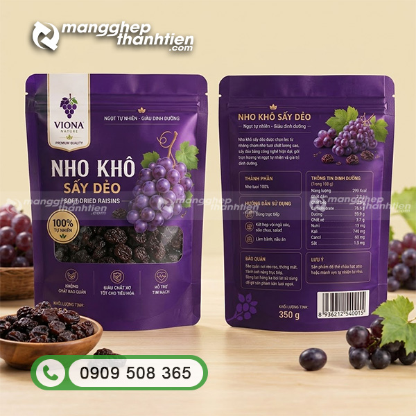 Mẫu t&uacute;i zipper đựng nho sấy thiết kế theo bộ nhận diện thương hiệu