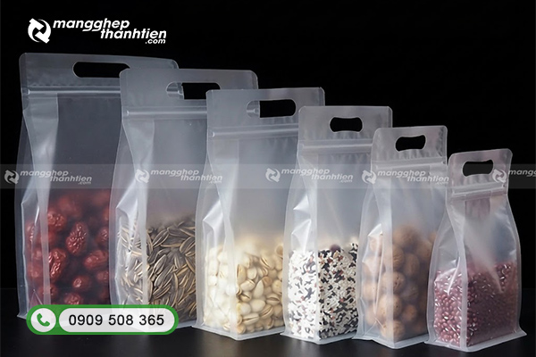 Phi&ecirc;n bản t&uacute;i zipper 8 cạnh trong suốt t&iacute;ch hợp lỗ x&aacute;ch hột xo&agrave;i.