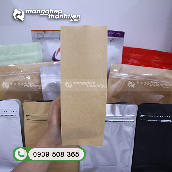 Mẫu túi ép 4 cạnh giấy Kraft đựng cà phê hạt dinh dưỡng