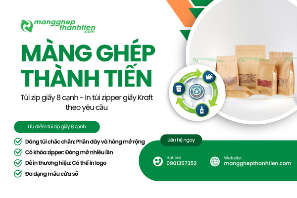 Cơ sở in t&uacute;i zip giấy 8 cạnh Kraft cao cấp c&oacute; kh&oacute;a zipper d&ugrave;ng đựng thực phẩm
