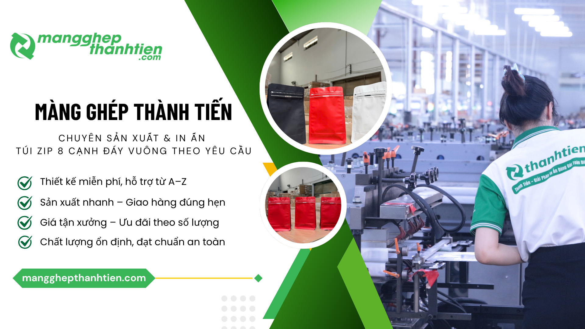 Xưởng sản xuất v&agrave; in t&uacute;i zip 8 cạnh đ&aacute;y vu&ocirc;ng theo y&ecirc;u cầu