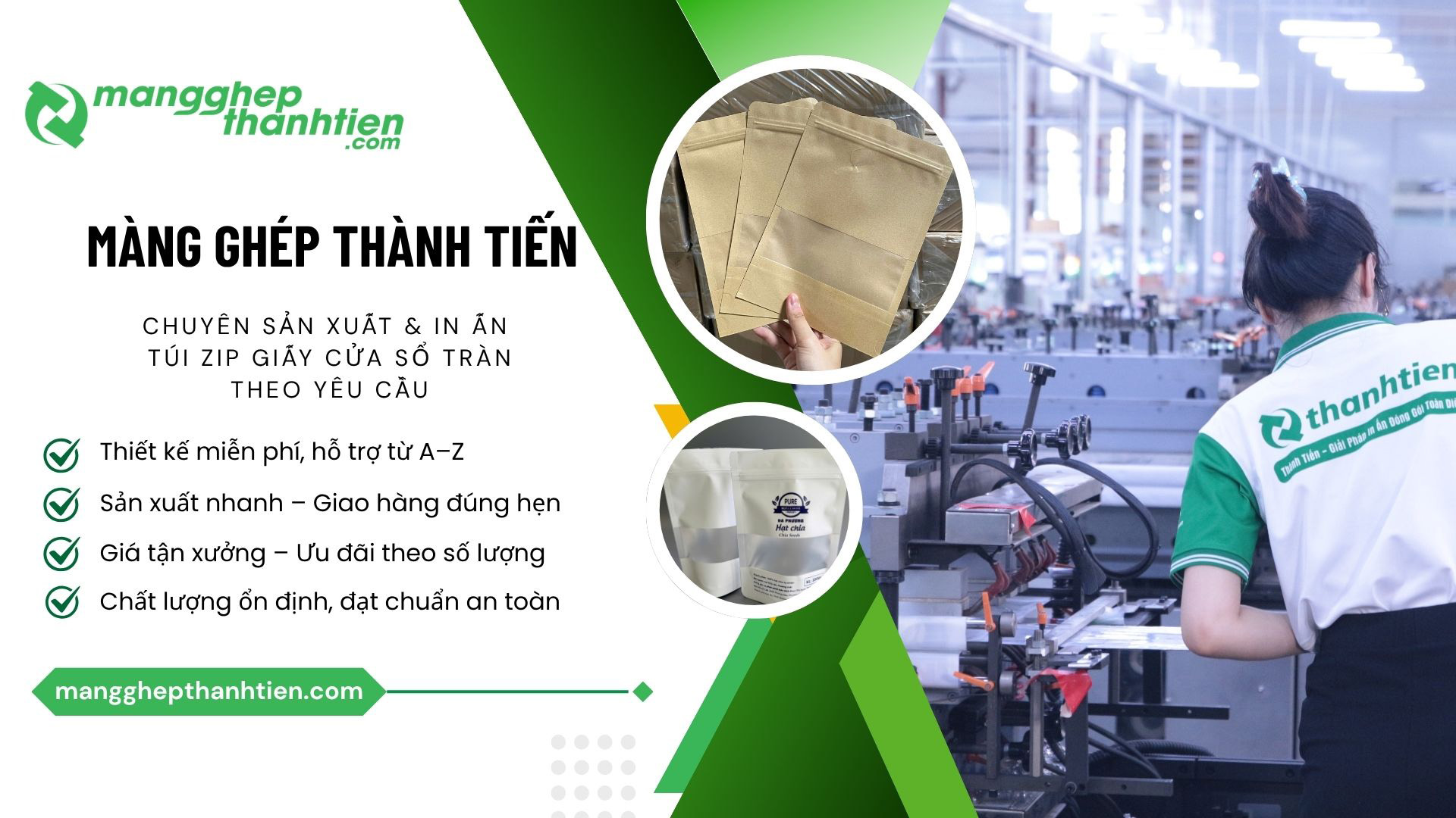Cơ sở chuyên sản xuất và in ấn túi zip giấy cửa sổ cán mờ 