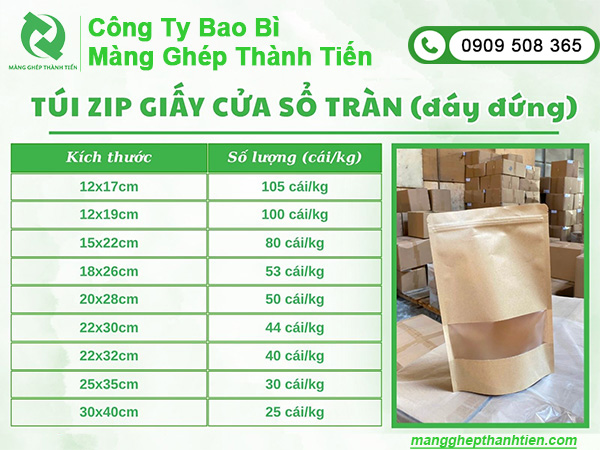 Bảng size và báo giá túi zip giấy Kraft đáy đứng cửa sổ tràn