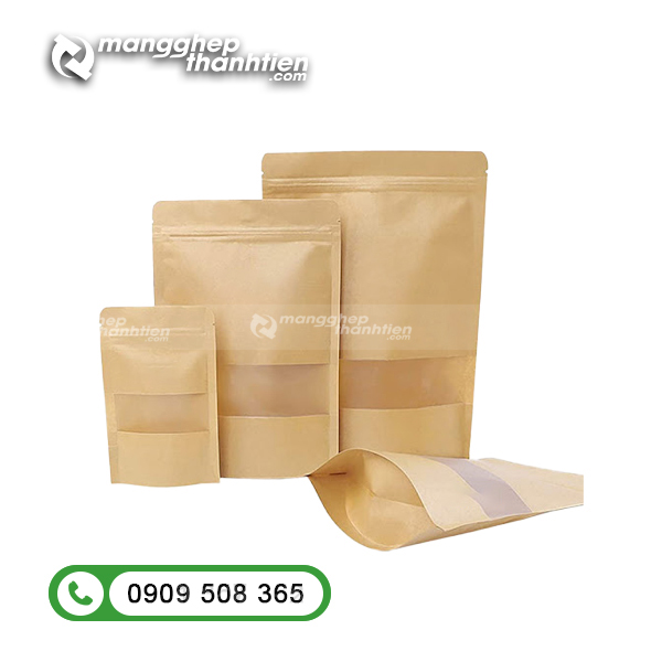  Túi zip giấy kraft đáy đứng cửa sổ tràn