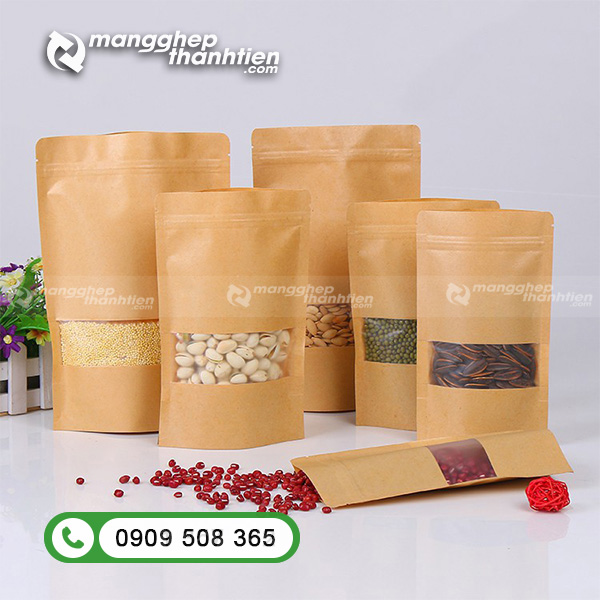 Túi zip giấy Kraft đáy đứng cửa sổ tràn