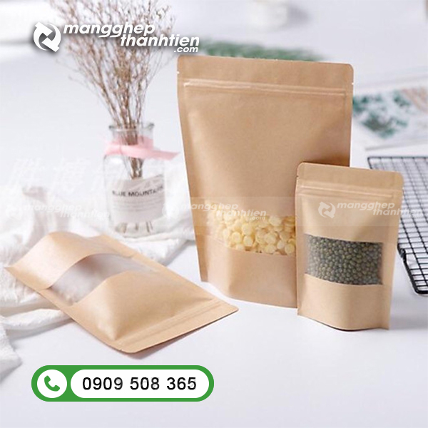 Túi zip giấy Kraft đáy đứng cửa sổ tràn cán mờ