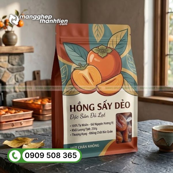 Bao b&igrave; hồng sấy dẻo thiết kế đẹp, bố cục h&agrave;i h&ograve;a, ph&ugrave; hợp sản phẩm qu&agrave; tặng v&agrave; ph&acirc;n kh&uacute;c cao cấp.