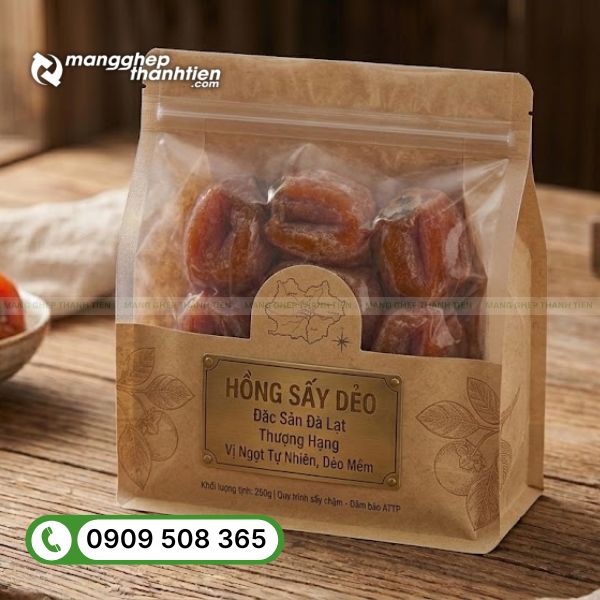 T&uacute;i kraft cửa sổ đựng hồng sấy dẻo th&acirc;n thiện m&ocirc;i trường, dễ quan s&aacute;t sản phẩm b&ecirc;n trong.
