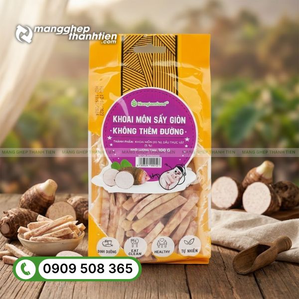 In bao b&igrave; khoai m&ocirc;n sấy theo y&ecirc;u cầu, thiết kế ri&ecirc;ng theo thương hiệu