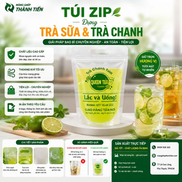 Túi zip đựng trà chanh chống rò rỉ tiện lợi khi mang đi