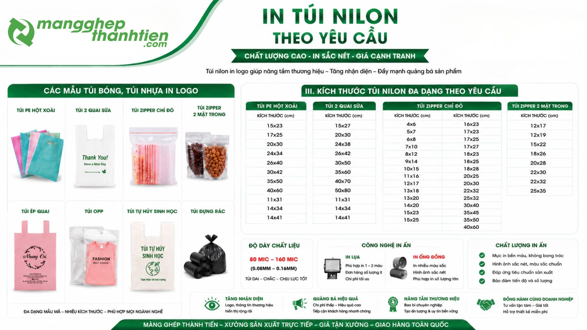 Bảng kích thước in túi nilon theo yêu cầu tại Màng Ghép Thành Tiến