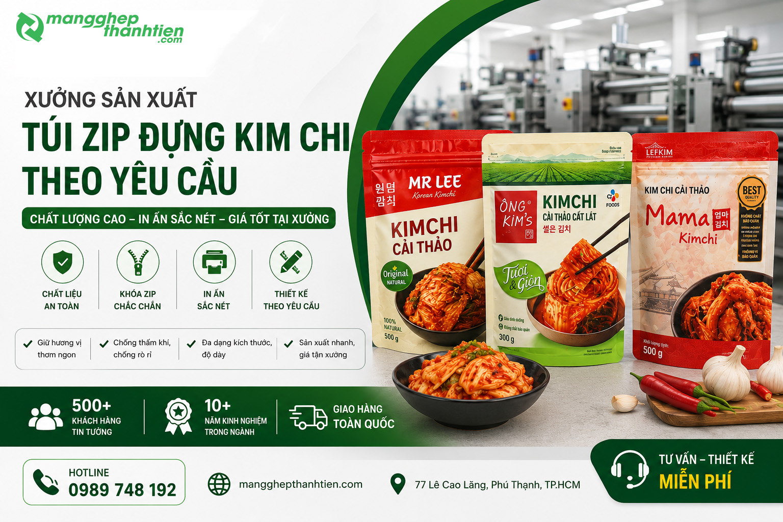 Xưởng sản xuất túi zip đựng kim chi in logo theo yêu cầu