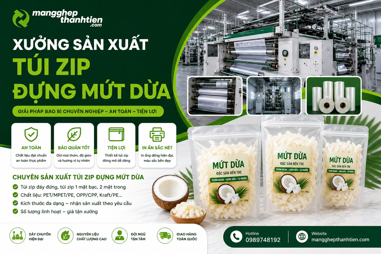 Xưởng sản xuất túi zip đựng mứt dừa theo yêu cầu