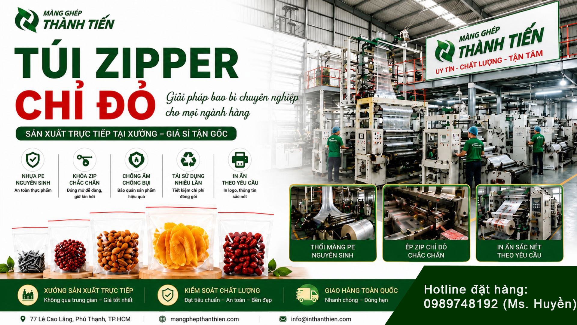 Xưởng sản xuất t&uacute;i zip chỉ đỏ với d&acirc;y chuyền hiện đại tại M&agrave;ng Gh&eacute;p Th&agrave;nh Tiến