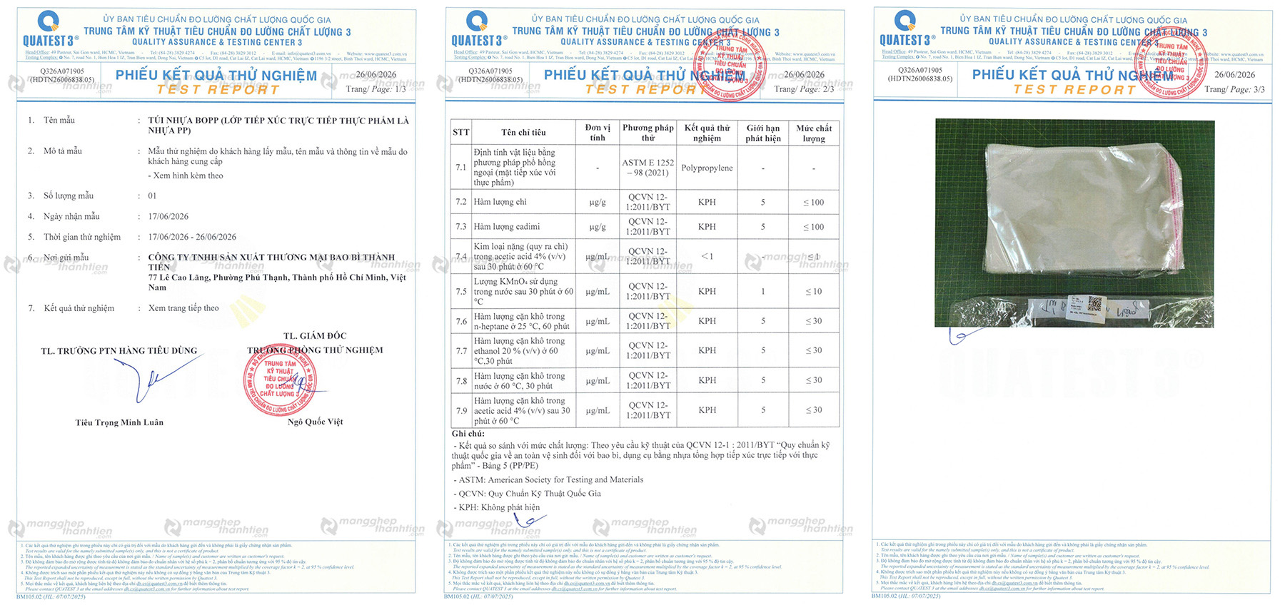 Chứng nhận An to&agrave;n Thực phẩm &ndash; M&agrave;ng BOPP (PP)