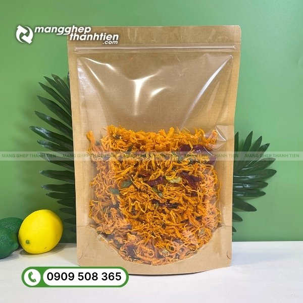 Bao bì khô gà sấy lá chanh in ấn chuyên nghiệp, mẫu mã bắt mắt.