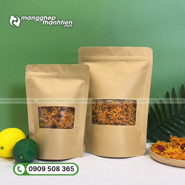Túi giấy kraft đựng khô gà thân thiện môi trường, in logo thương hiệu đẹp mắt.