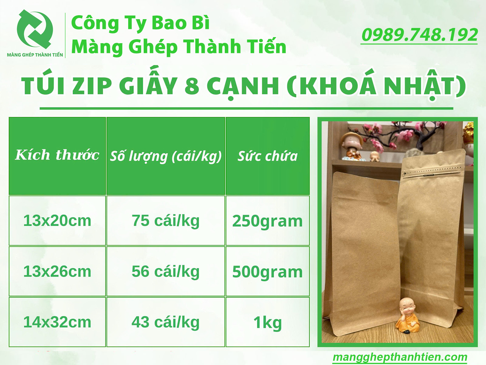 K&iacute;ch thước t&uacute;i zip giấy 8 cạnh kh&oacute;a Nhật đựng c&agrave; ph&ecirc; v&agrave; thực phẩm