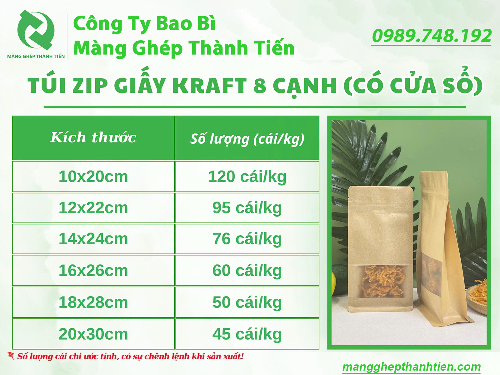 K&iacute;ch thước t&uacute;i zip giấy 8 cạnh c&oacute; cửa sổ d&ugrave;ng đ&oacute;ng g&oacute;i thực phẩm